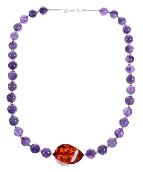 Sterling Silver Amethyst and Amber Bead Necklace KX121130